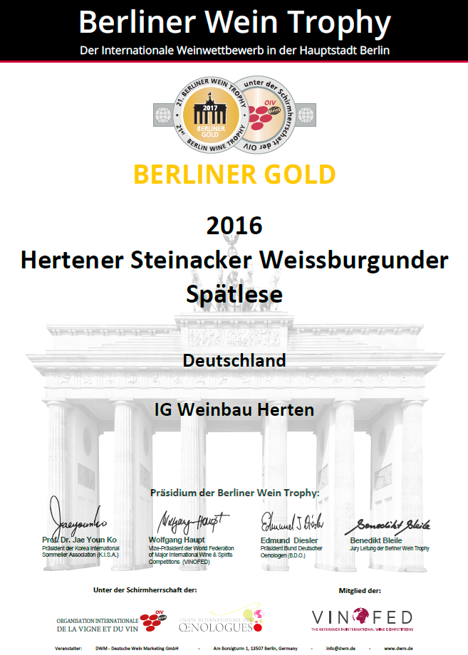 Goldmedaille bei der Berliner Wein Trophy für Hertener Steinacker Weissburgunder Spätlese 2016